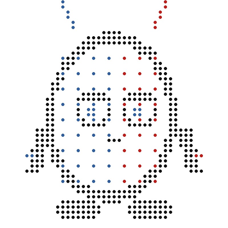 SPUDS dot character with a red and blue dot pattern