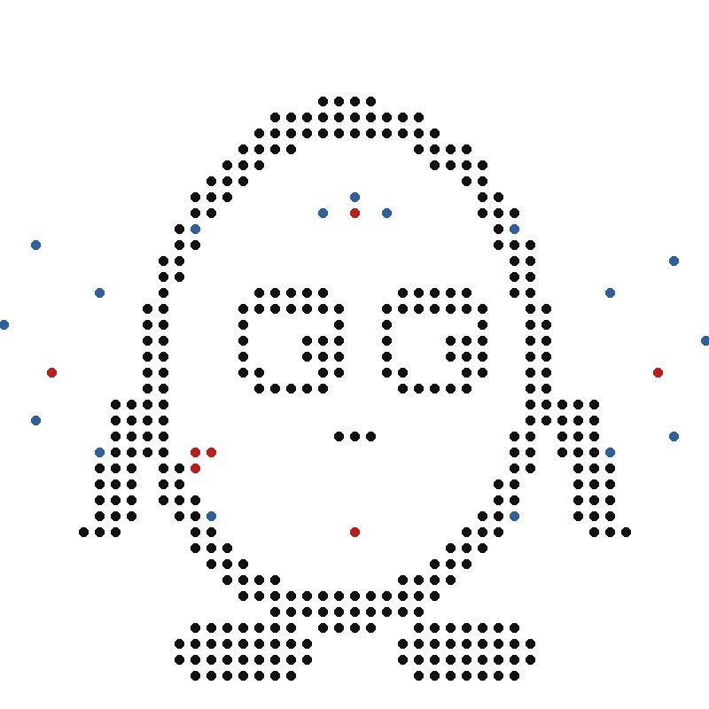 SPUDS dot character with scattered red and blue accents